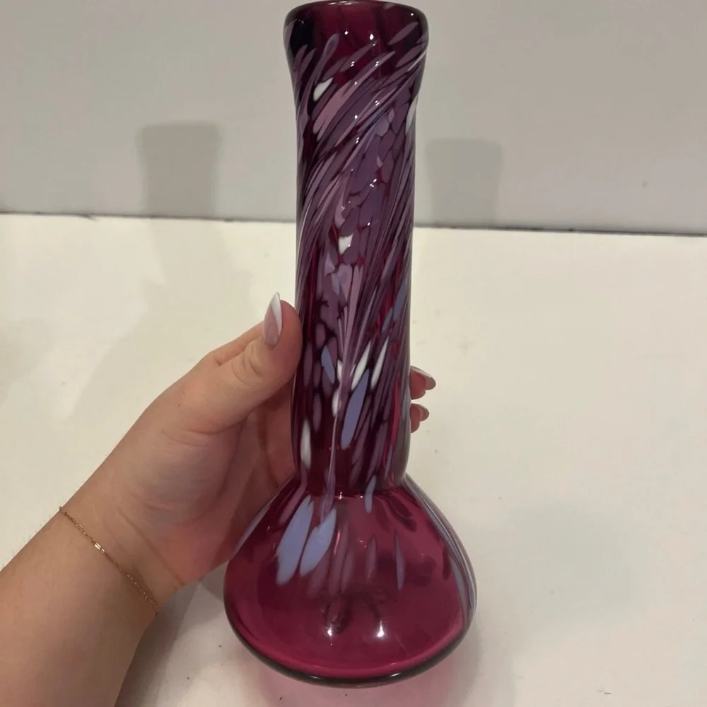 Blue purple pink, and white hand blown vase